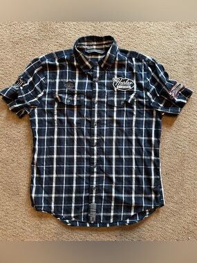 Harley Davidson Shirt Button Up Size Large Slim Patch Patches Plaid Like New